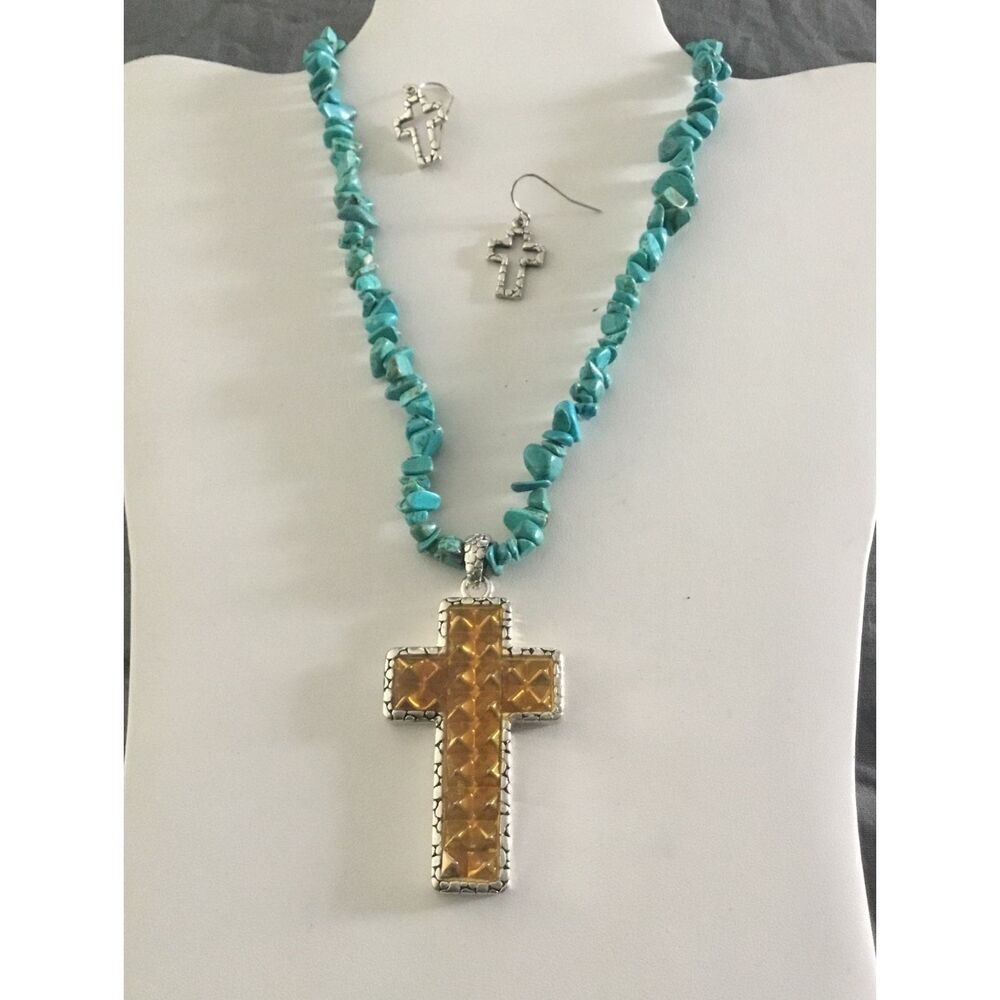 Beautiful Genuine Turquoise Gemstone & Gold Foil Cross Necklace/Earring Set